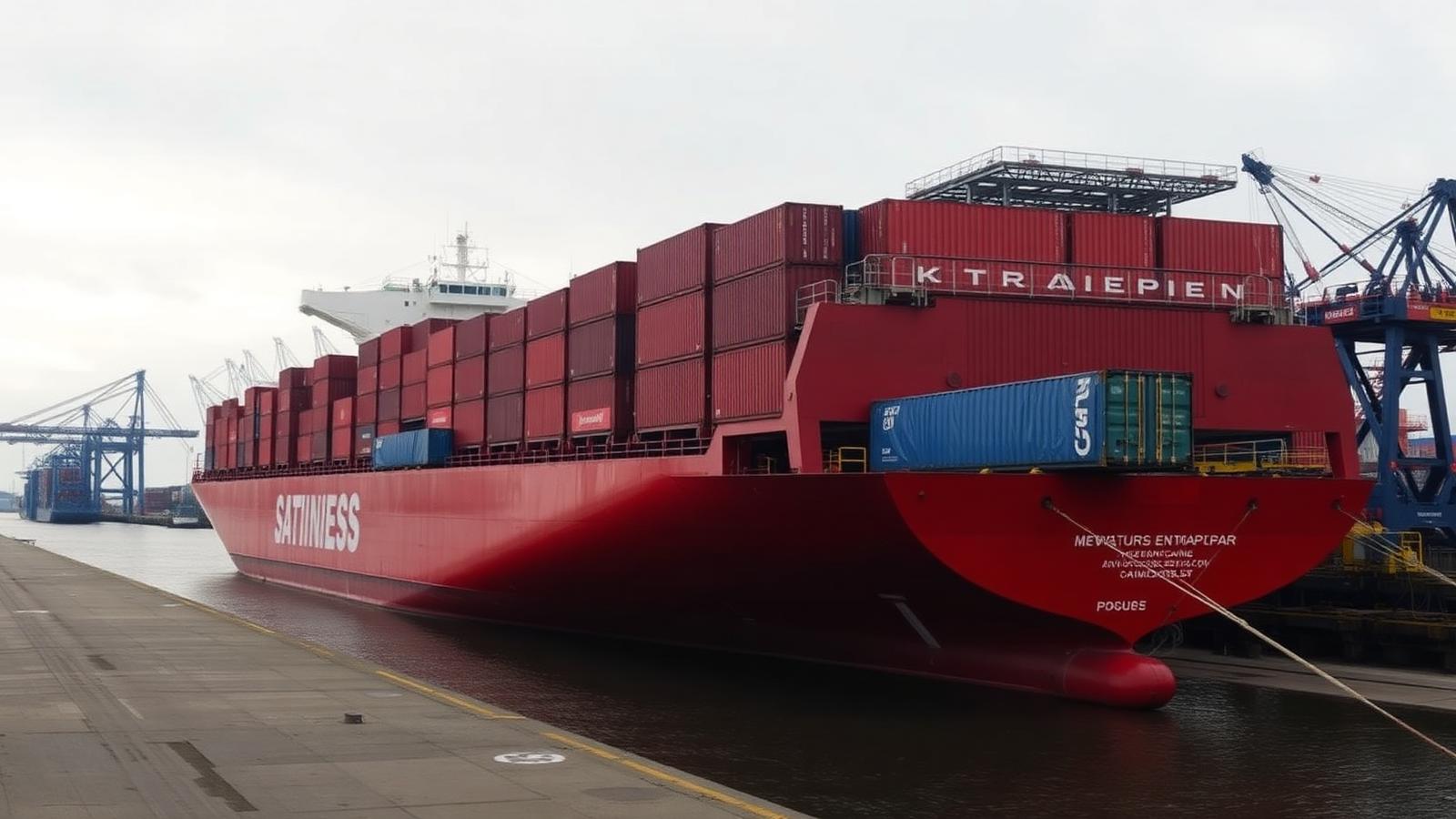 Container ship being loaded at a European port
