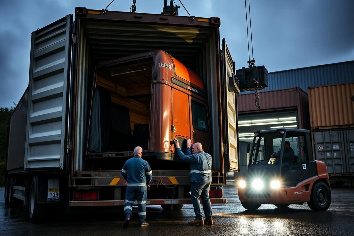 Loading a truck cabin into a shipping container