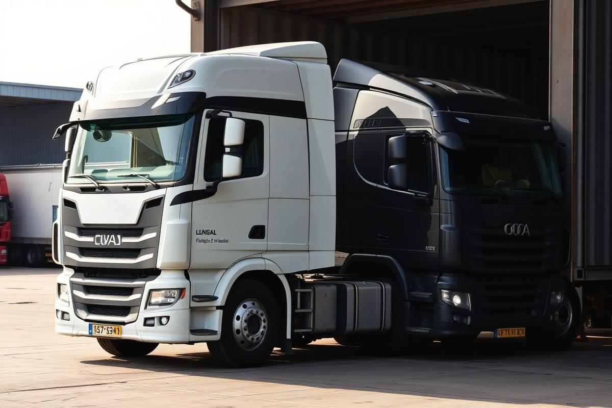 Two trucks stacked cab-in-bed for export